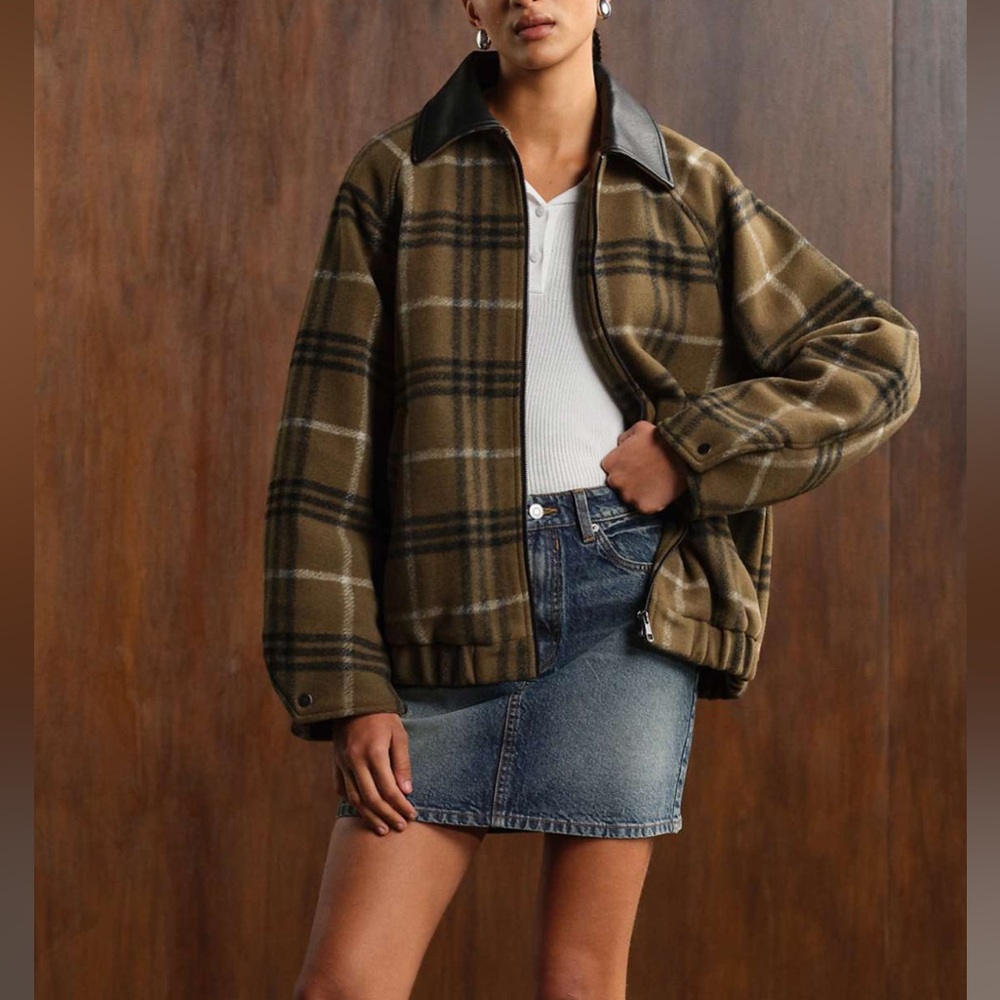 Olive Plaid Bomber Jacket with Black & Cream Check. ASOS LIKE NEW WORN ONCE